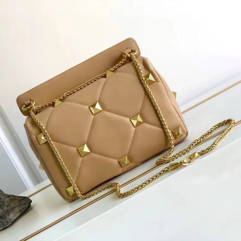 Top Trends: Luxury Brand Handbag Rivet Diamond Lattice Chain Bag Fashion Genuine Leather Shoulder Oblique Cross Bag High-quality Women's Bag Shoppable Styles - Image 2