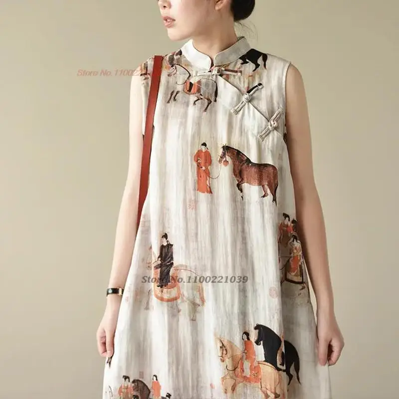 Top Trends: 2024 Chinese Sleeveless Dress Vintage Cheongsam Dress National Print Cotton Linen Qipao Chinese Traditional Dress A-line Qipao Shoppable Styles