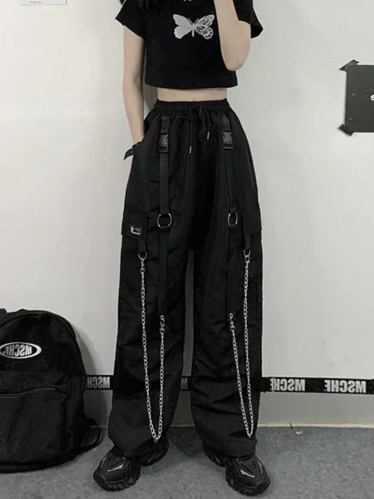 Top Trends: QWEEK Harajuku Techwear Cargo Pants Women Hip Hop Gothic Oversized Chain Wide Leg Trousers Female Punk Sweatpants Streetwear Shoppable Styles