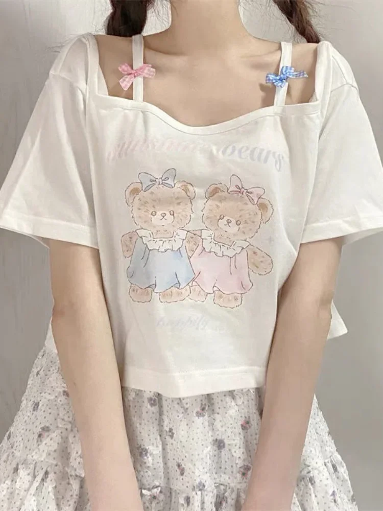 Top Trends: Deeptown Kawaii Harajuku White Graphic Crop Tops Women Sweet Bear Printed T Shirts Casual Off The Shoulder Tees Female Graphic Shoppable Styles