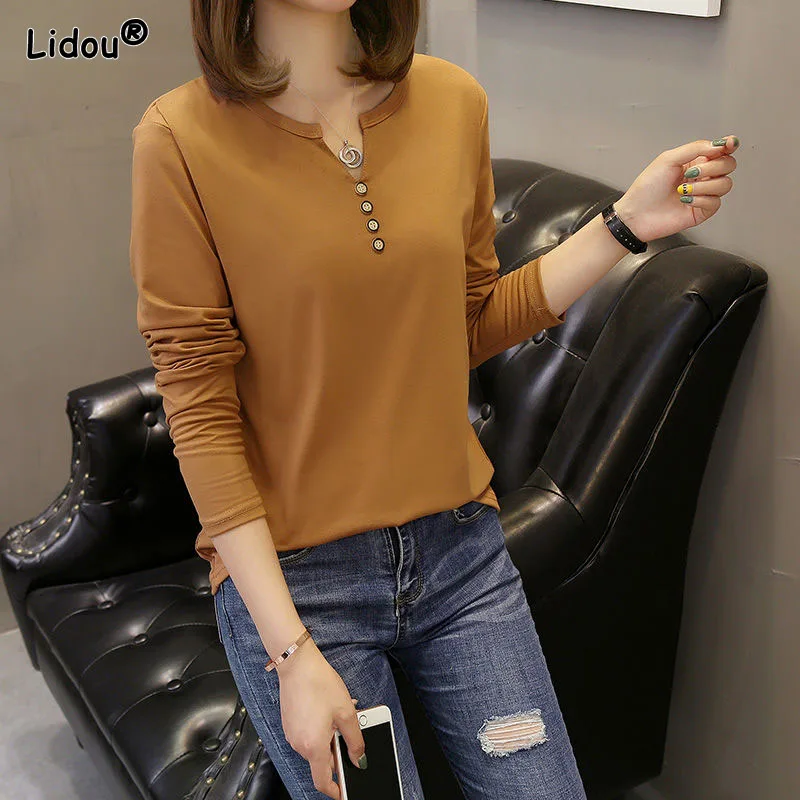 Top Trends: V-Neck Spring Summer Multiple Colour T-Shirts Metal Buttons Pure Cotton Slight Strech Women's Clothing Loose Top Bottoming Shirt Shoppable Styles