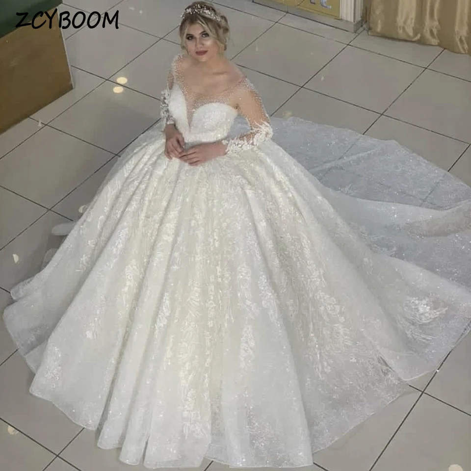 Top Trends: Gorgeous White Scoop Neck Sequin Appliques Full Sleeves Wedding Dress 2023 Ball Gown Floor Length Sweep Train Zipper Bridal Gown Shoppable Styles