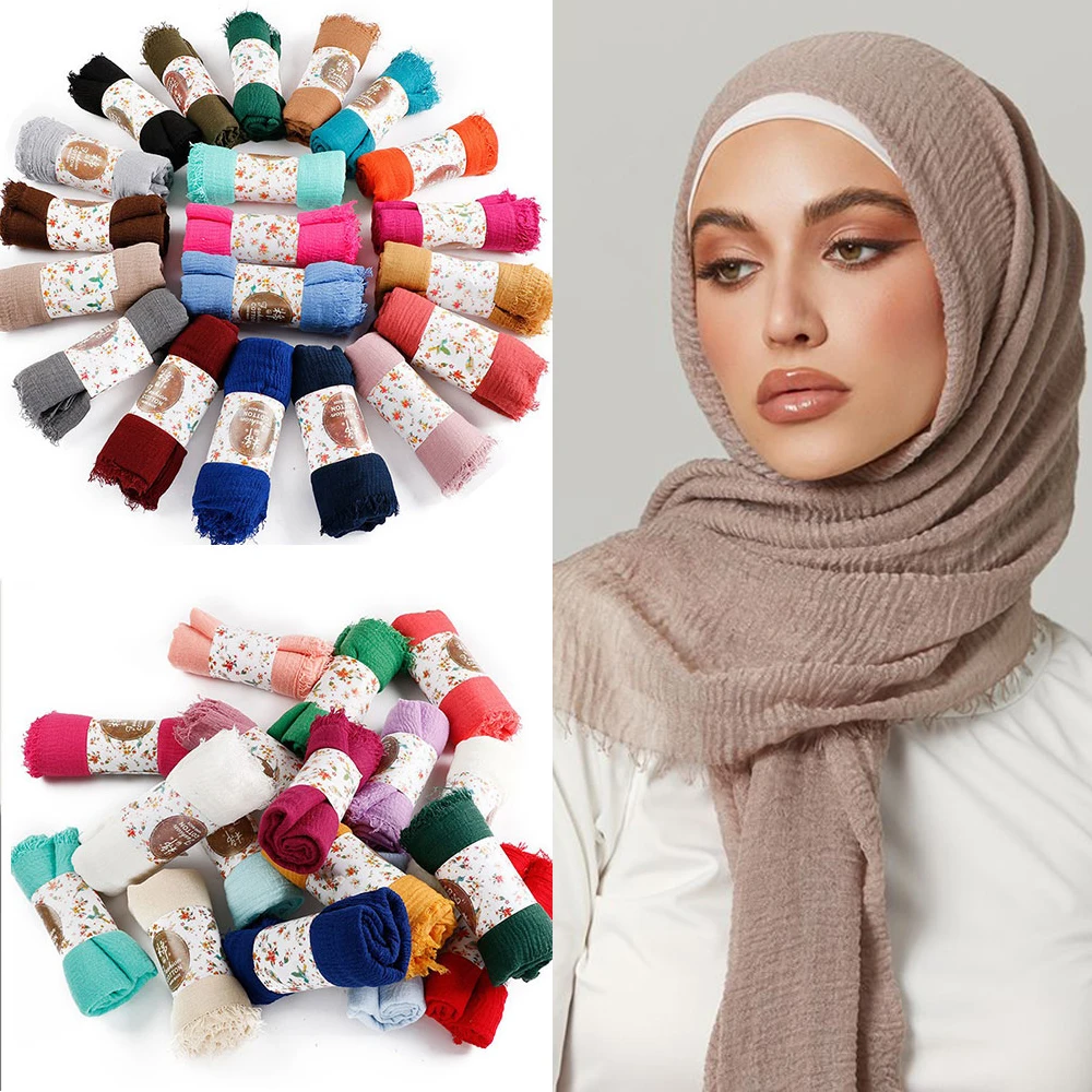 Top Trends: 2022 Muslim Women Crinkle Hijab Scarf Soft Solid Color Head Scarves Plain Cotton Turban Shawls And Wraps Hijab Femme Musulman Shoppable Styles