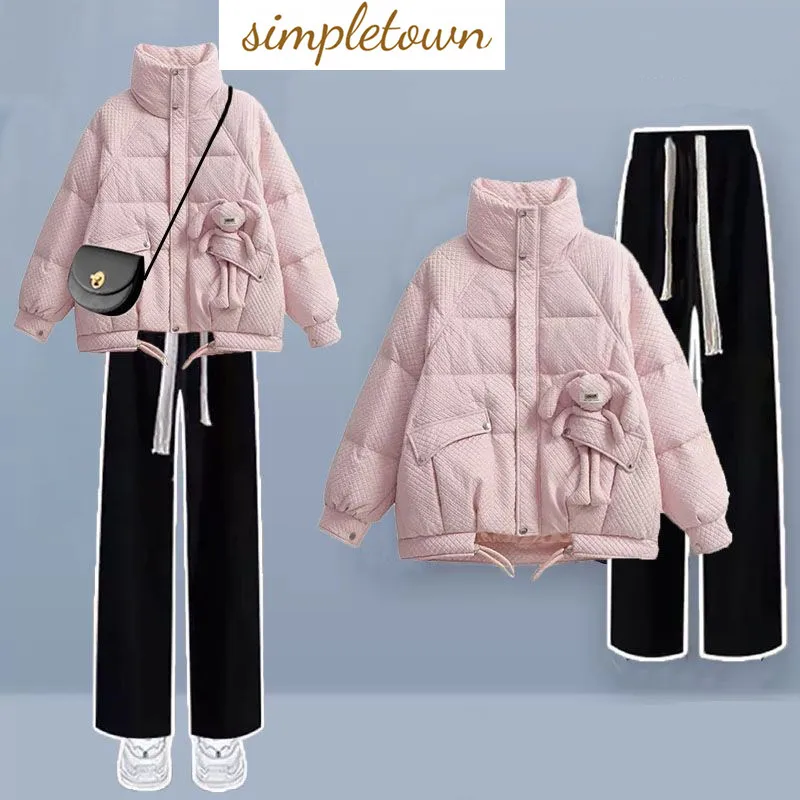 Top Trends: Korean Style Loose And Thickened Cotton Jacket Price Casual Wide Leg Pants Two-piece Elegant Women&#039;s Pants Set Winter Outfits Shoppable Styles