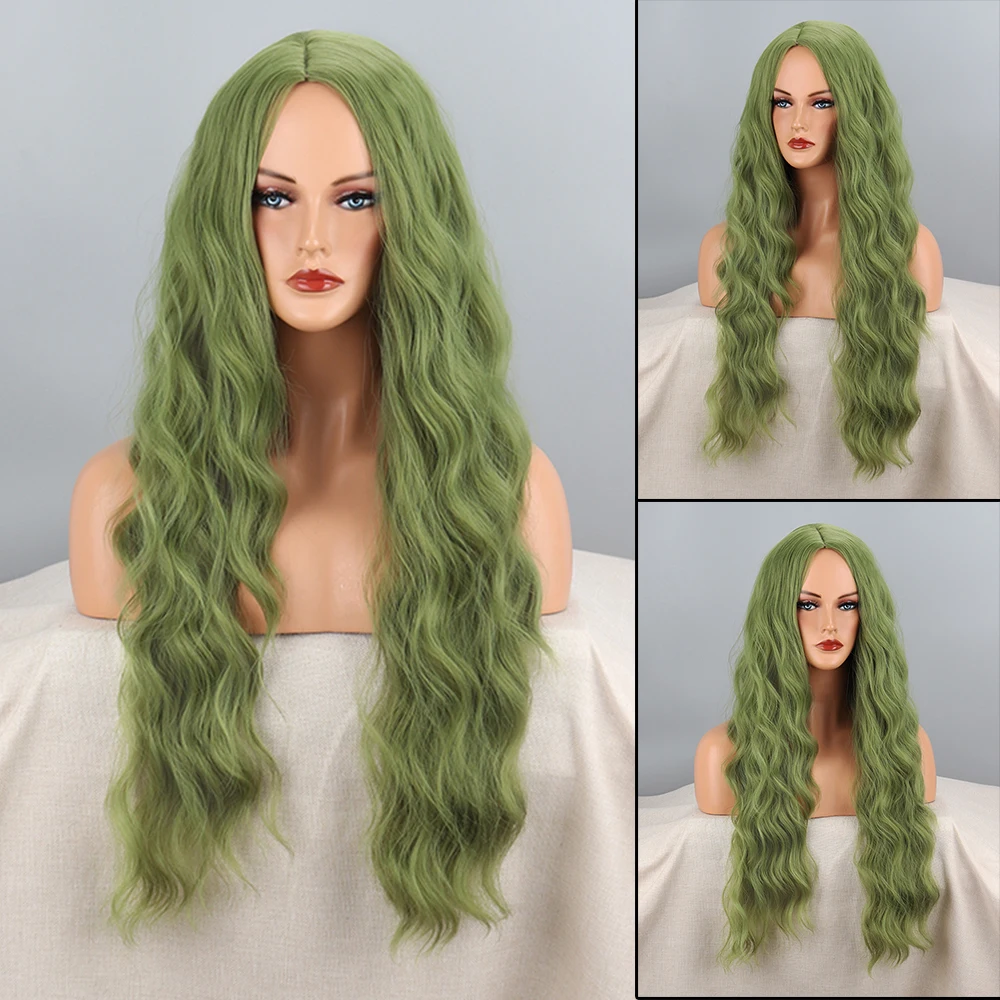 Top Trends: Green Long Wavy Wig Halloween Cosplay Wigs For Women Daily Wear Natural Synthetic Wig High Temperature Fiber Shoppable Styles