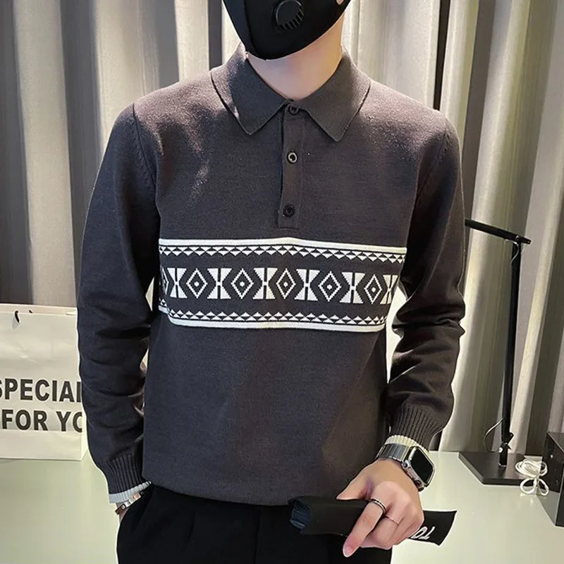 Top Trends: Fashion Lapel Button All-match Printed Sweaters Men Clothing 2023 Autumn New Oversized Casual Pullovers Loose Korean Tops Shoppable Styles - Image 3