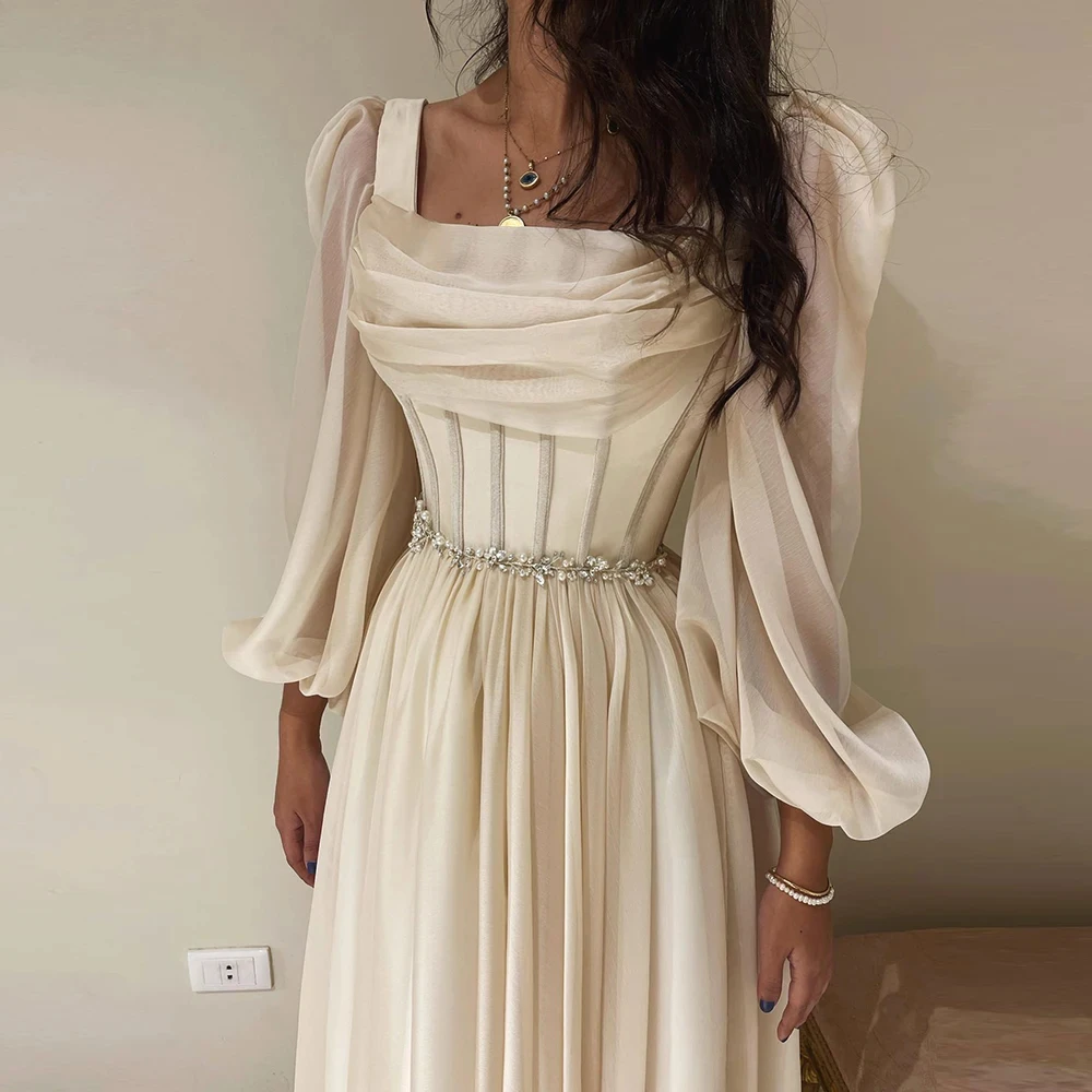 Top Trends: Sulead Dress Dubai Beige Short Arabic Evening Dress With Long Sleeves Square Neck Tea Length Midi Women Wedding Party Gowns Shoppable Styles - Image 3