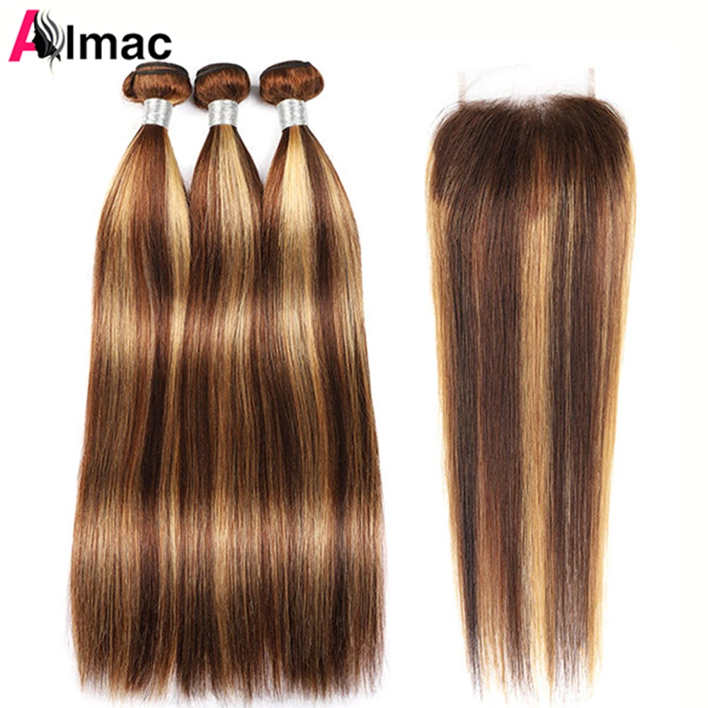 Top Trends: Highlighted Straight Human Hair Bundles With 4x4 HD Lace Closure Pre-Plucked P4 / 27 Color Peruvian Remy Hair Extention 220g / Set Shoppable Styles