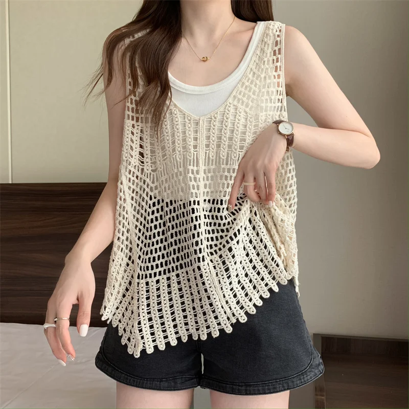 Top Trends: Hooked Flower Hollowed Out Knitted Vest For Women's Top, Retro Loose Fitting, Sleeveless Suspender Top, Summer Cool Style Shoppable Styles