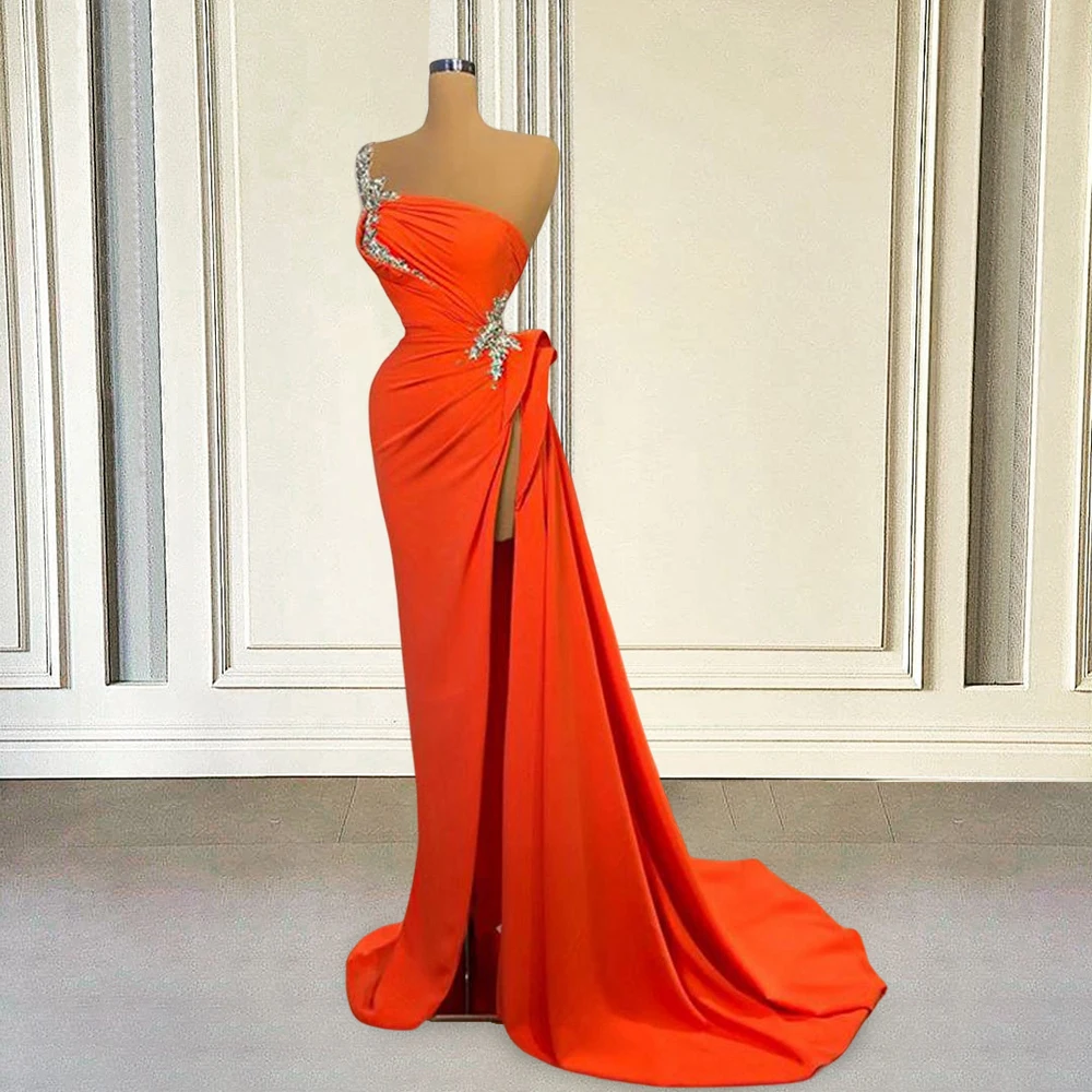 Top Trends: Orange One Shoulder Evening Dresses Formal Long Elegent 2023 Beaded With High Slit Arabic Dubai Women Prom Gowns Robe De Soirée Shoppable Styles