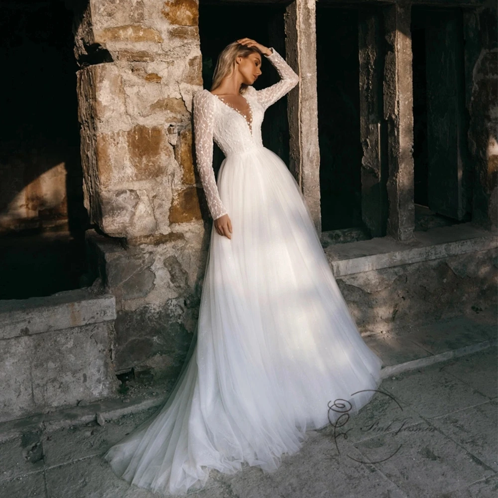 Top Trends: Deep V Neck Wedding Dresses Full Sleeve Soft Tulle Elegant Bridal Gowns With Sequined Applique 2023 Summer Vestidos De Novia Shoppable Styles