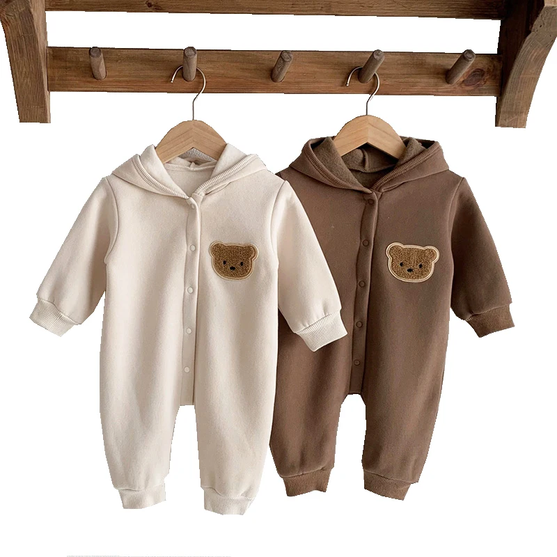 Top Trends: Fleece Lining Baby Boy Jumpsuits Korean Bear Hooded Kids Girl Sweatshirt Romper Kids Clothes Toddler Onesie Infant Outfit Shoppable Styles