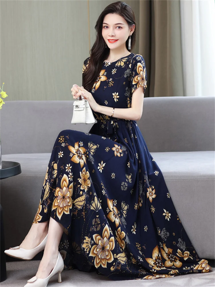 Top Trends: 2023 Mom's Cotton Silk Dress Ethnic Style Long Dress Women's Summer Artificial Cotton Slim Fit Big Hem Short Sleeve Dress Shoppable Styles