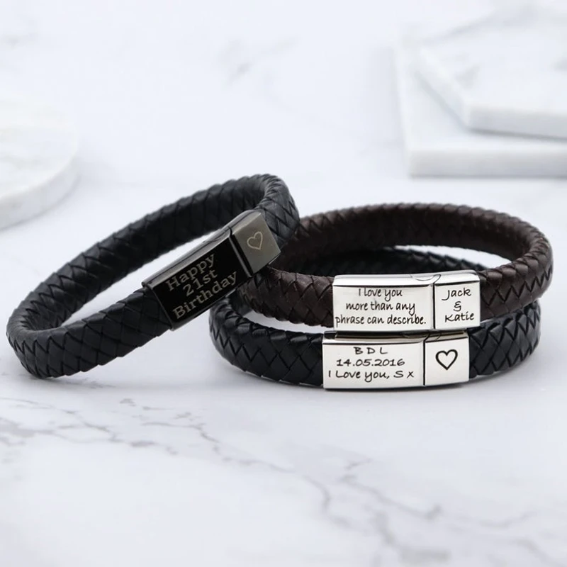 Top Trends: Black Genuine Leather Bracelet Customized Personality Engrave Logo Stainless Steel Magnet Buckle Bangle Men Women Gifts Jewelry Shoppable Styles