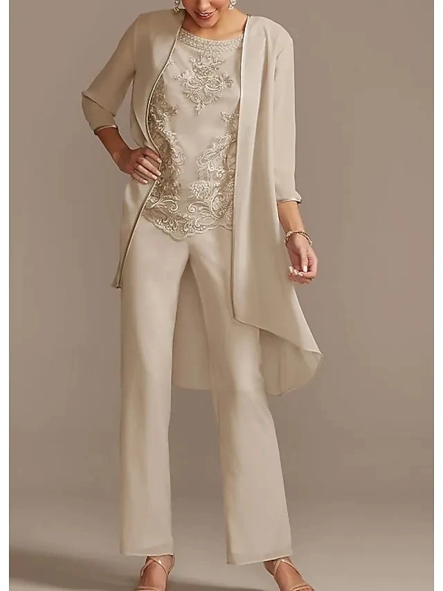 Top Trends: Pantsuit / Jumpsuit Mother Of The Bride Dress Elegant Jewel Neck Floor Length Chiffon Lace 3 / 4 Sleeve With Beading Appliques Shoppable Styles