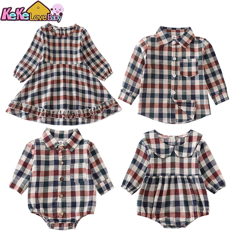 Top Trends: Brother Sister Girls Kids Dress Matching Clothes 2024 New Lattice Long Sleeve Boys T-shirt Shirt Children Clothing Baby Romper Shoppable Styles