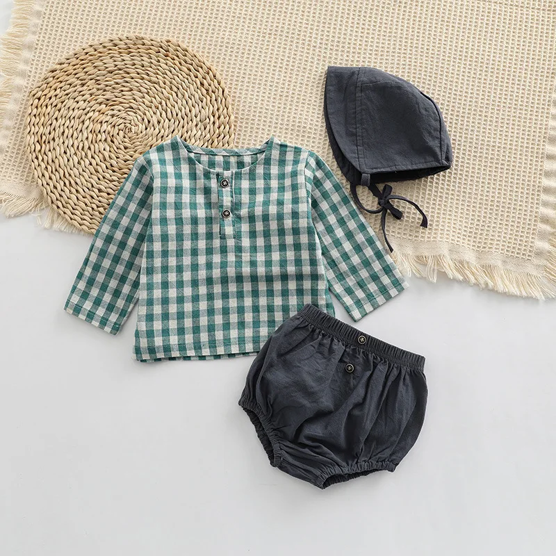 Top Trends: 2023 Autumn Spring Newborn Baby Girls Boys Full Sleeve Plaid Top Shirts+ shorts+ hat Infant Kids 100% Cotton Clothing Set 3pcs Shoppable Styles - Image 3