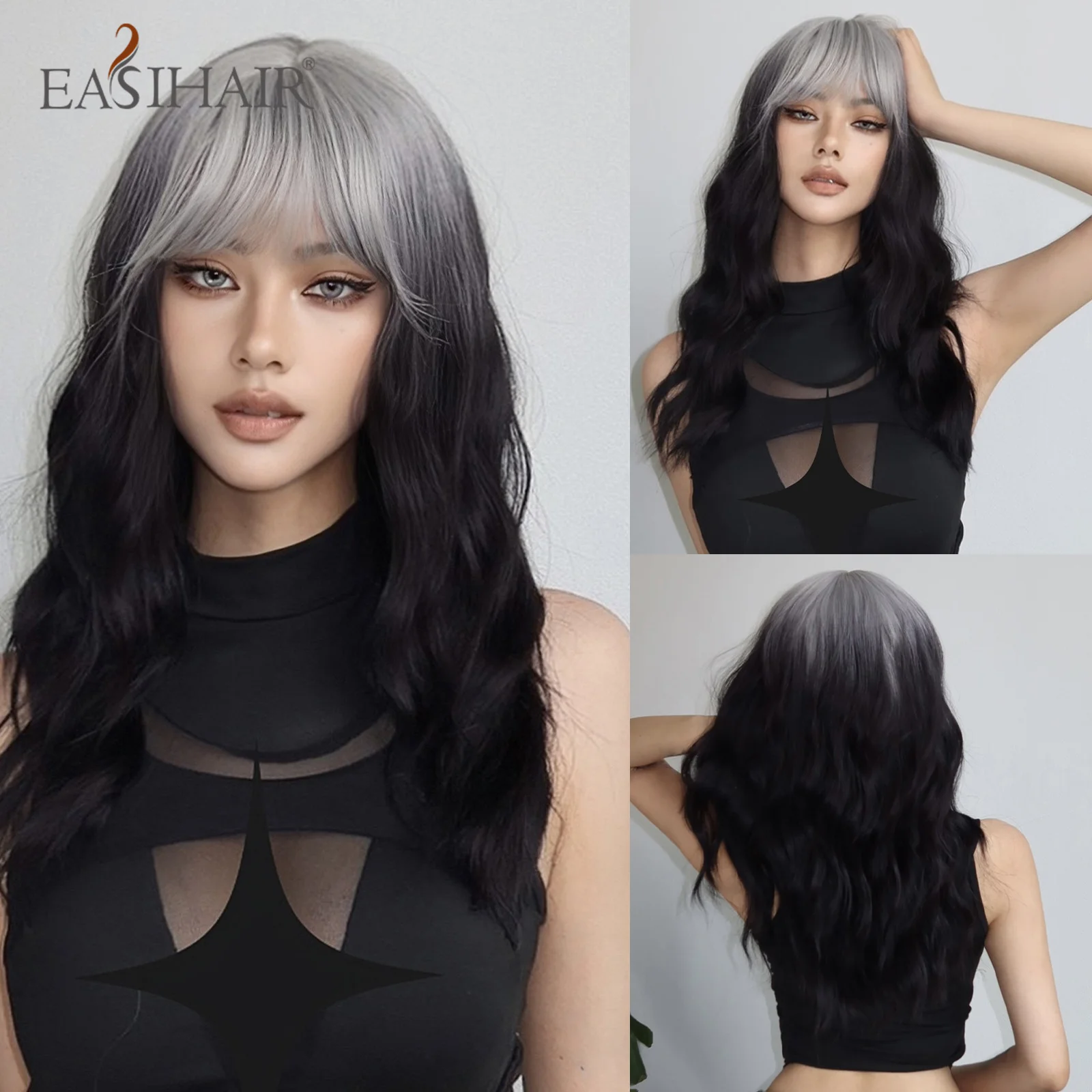 Top Trends: EASIHAIR Ash Black Ombre Synthetic Wigs Long Wavy Natural Hair Wigs With Bangs For Women Cosplay Daily Use Wig Heat Resistant Shoppable Styles