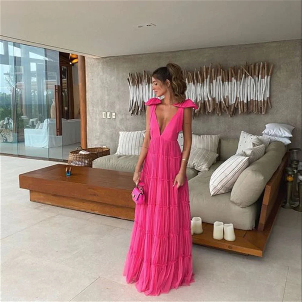 Top Trends: Lily Spaghetti Strap Chic Woman Evening Dress Gown Deep V Neck Ball Gown Pink Beach Backless Night Dresses Gown Robes De Soirée Shoppable Styles