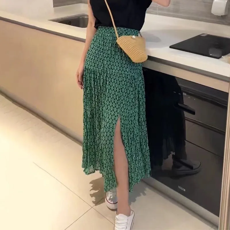 Top Trends: Summer Fashion Korean High Waist Printed Split Skirt 2023 Women&#039;s Clothing Casual All-match A-Line Folds Midi Skirts For Female Shoppable Styles