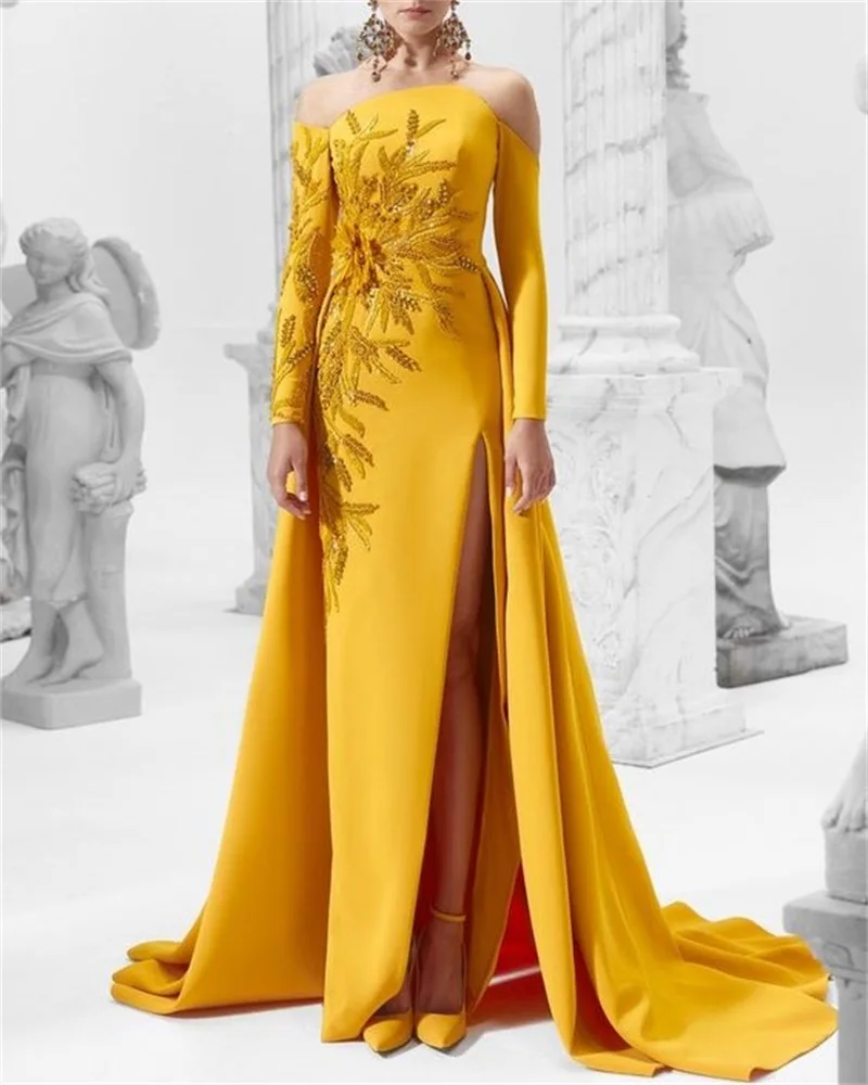 Top Trends: Elegant Yellow Prom Dress With Overskirt Appliqued Beaded Full Sleeves Mermaid Sheer Neck Evening Party Gown Custom Made Robes Shoppable Styles