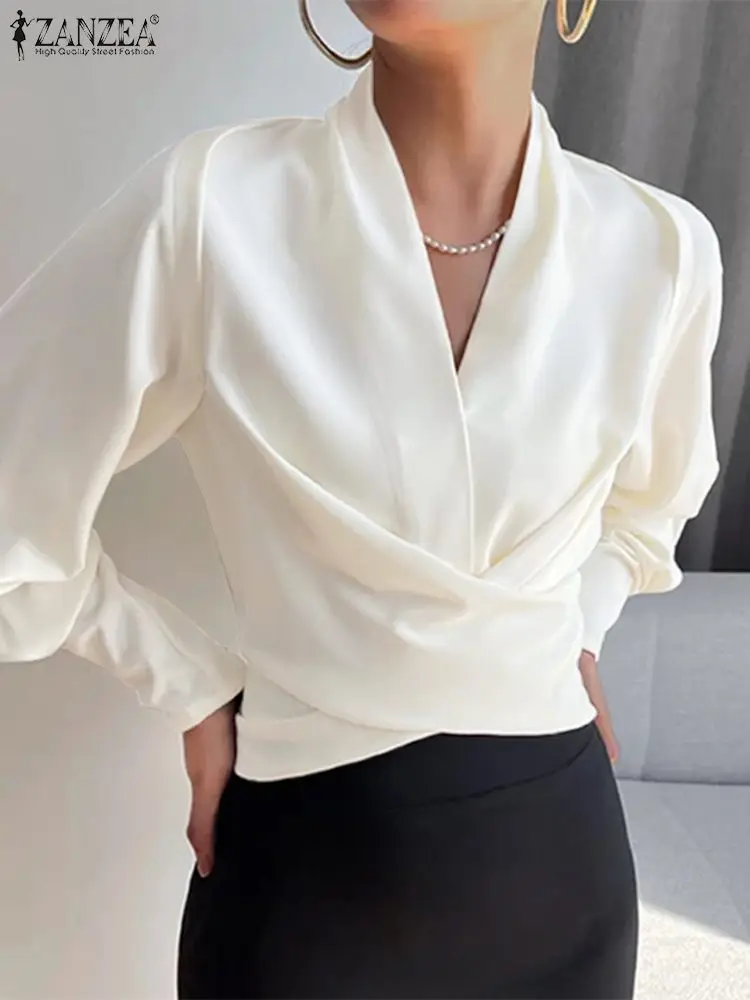 Top Trends: 2023 New Waisted Short Tops ZANZEA Fashion Wrapped Blouses Women Elegant Long Cuff Puff Sleeve V Neck Blusas Irregular Shirts Shoppable Styles