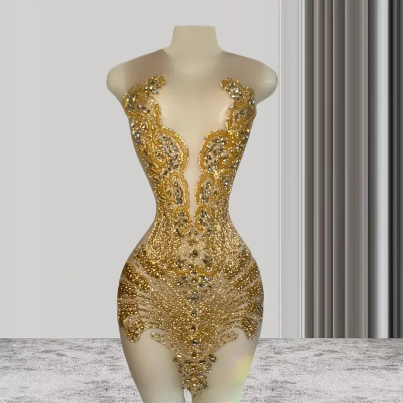 Top Trends: Sexy Sheer Short Black Girl Prom Dress Gold Beaded Crystals See Through African Women Cocktail Dresses Party Gowns For Birthday Shoppable Styles