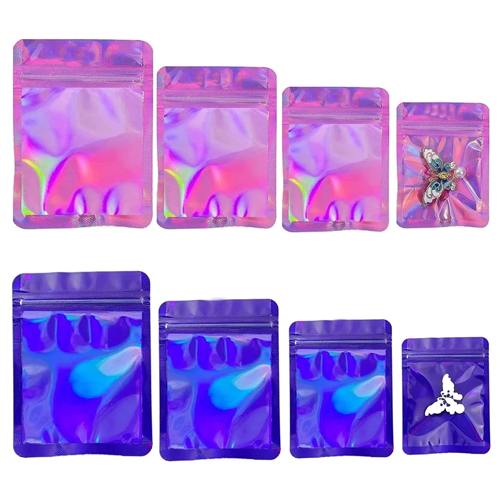 Top Trends: 50pcs Holographic Sealing Bags Thicken Pink Blue Plastic Ziplock Pouch For DIY Jewelry Display Small Bussiness Retail Packaging Shoppable Styles