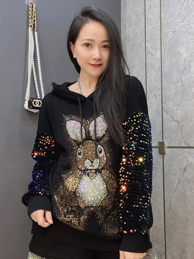 Top Trends: Cartoon Rabbit Rhinestone Sequins Hoodie Coat 2023 Spring Autumn Women's Clothing Hot Drilling Long Sleeve Sweater For Women Shoppable Styles - Image 2