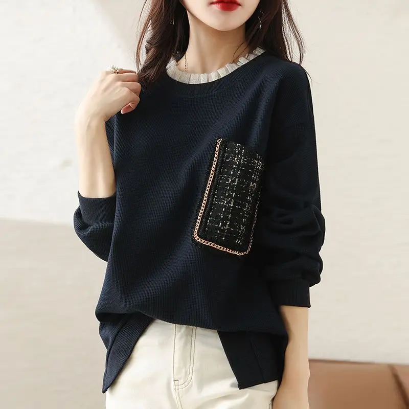 Top Trends: Casual Loose Round Neck Spliced Gauze Ruffles Sweatshirts Female Clothing Spring Autumn Korean Fashion Pockets Pullovers 2023 Shoppable Styles