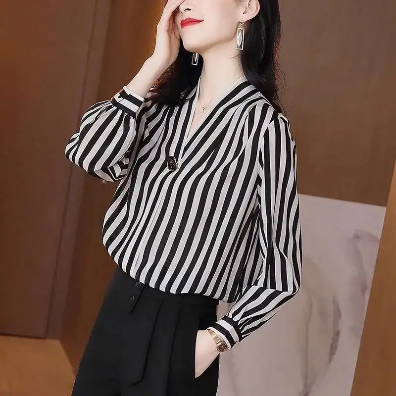 Top Trends: Fashion Printed V-Neck Button Striped Chiffon Shirt Oversized Casual Tops 2022 Autumn New Women's Clothing Office Lady Blouses Shoppable Styles - Image 2