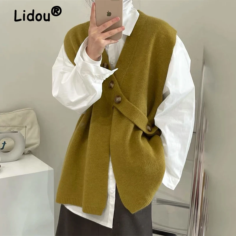 Top Trends: Elegant Fashion Sweater Vest Women New Irregular Button Design V-neck Korean Style Ladies Casual Solid Comfortable Loose Autumn Shoppable Styles