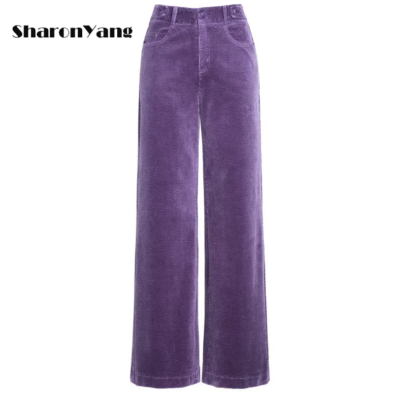 Top Trends: Autumn And Winter New Large Size Corduroy Wide Leg Pants Women Trousers Straight Brown Pants Woman Lady High Waist Purple Shoppable Styles