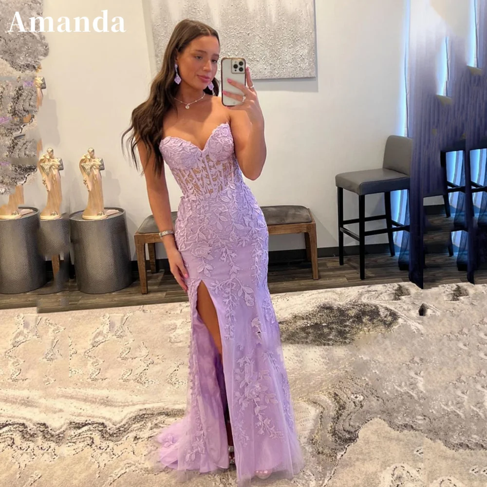 Top Trends: Amanda Lilac Lace Embroid Evening Dress Sexy Mermaid Prom Dress 2023 Strapless Fishtail Party Dress Trumpet فساتين مناسبة رسمية Shoppable Styles