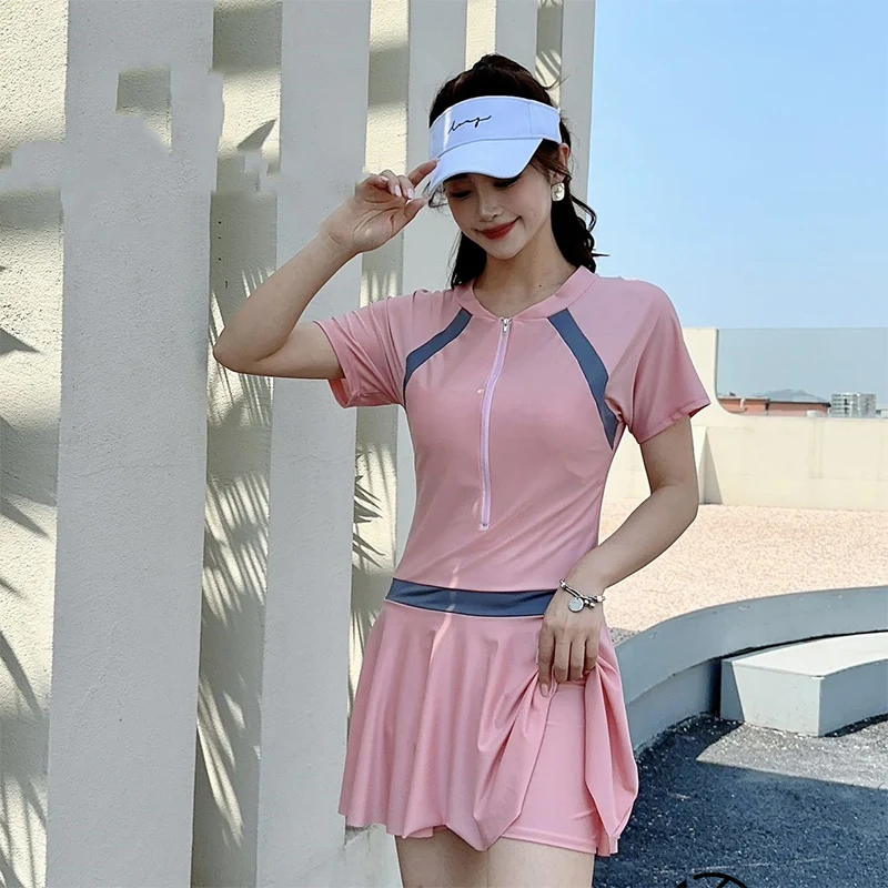 Top Trends: Summer One Piece Elegant Fashion Harajuku Slim Fit Aesthetic Bikinis Patchwork Casual Swimwear Short Sleeve Chics Wimsuits Women Shoppable Styles