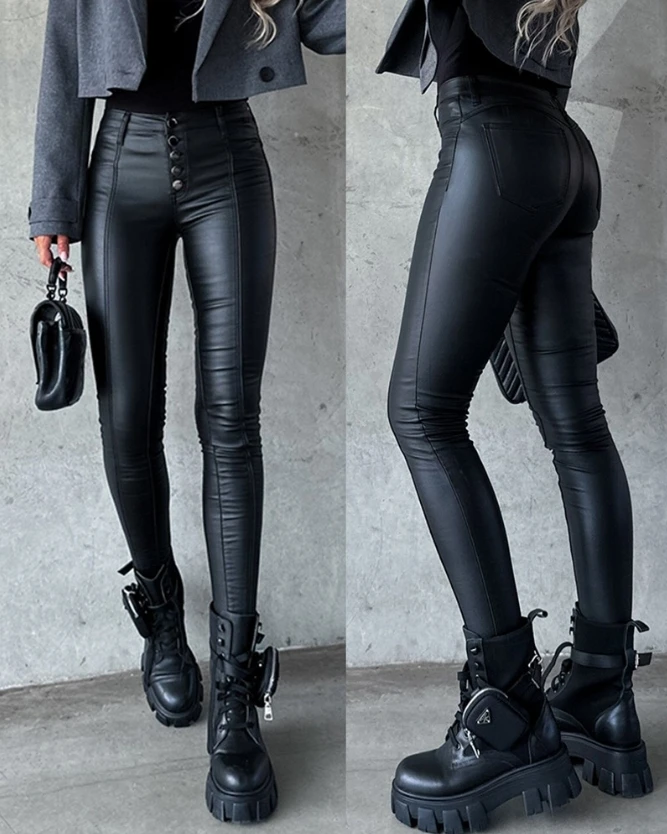 Top Trends: Women&#039;s Pants 2023 Autumn And Winter Fashion Commuting High Waist Pu Leather Skinny Pants Daily Casual Pu Leather Pencil Pants Shoppable Styles