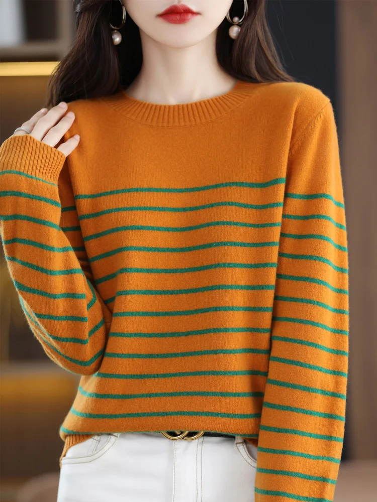 Top Trends: Autumn Winter 100% Merino Wool Pullover Casual Sweater For Women O-neck Striped Cashmere Knitwear Korean Fashion Tops 2023 New Shoppable Styles