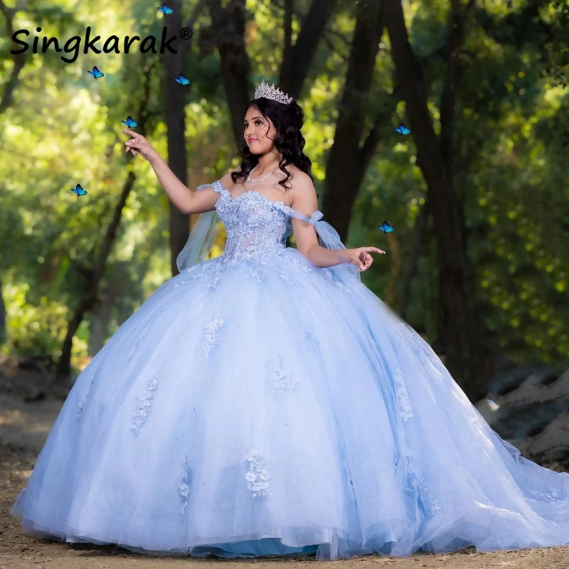 Top Trends: Sky Blue Princess Quinceanera Dresses 2024 Ribbons Lace Appliques Crystal Ball Gown Sweet 16 Dresses Vestidos De 15 Años Custom Shoppable Styles