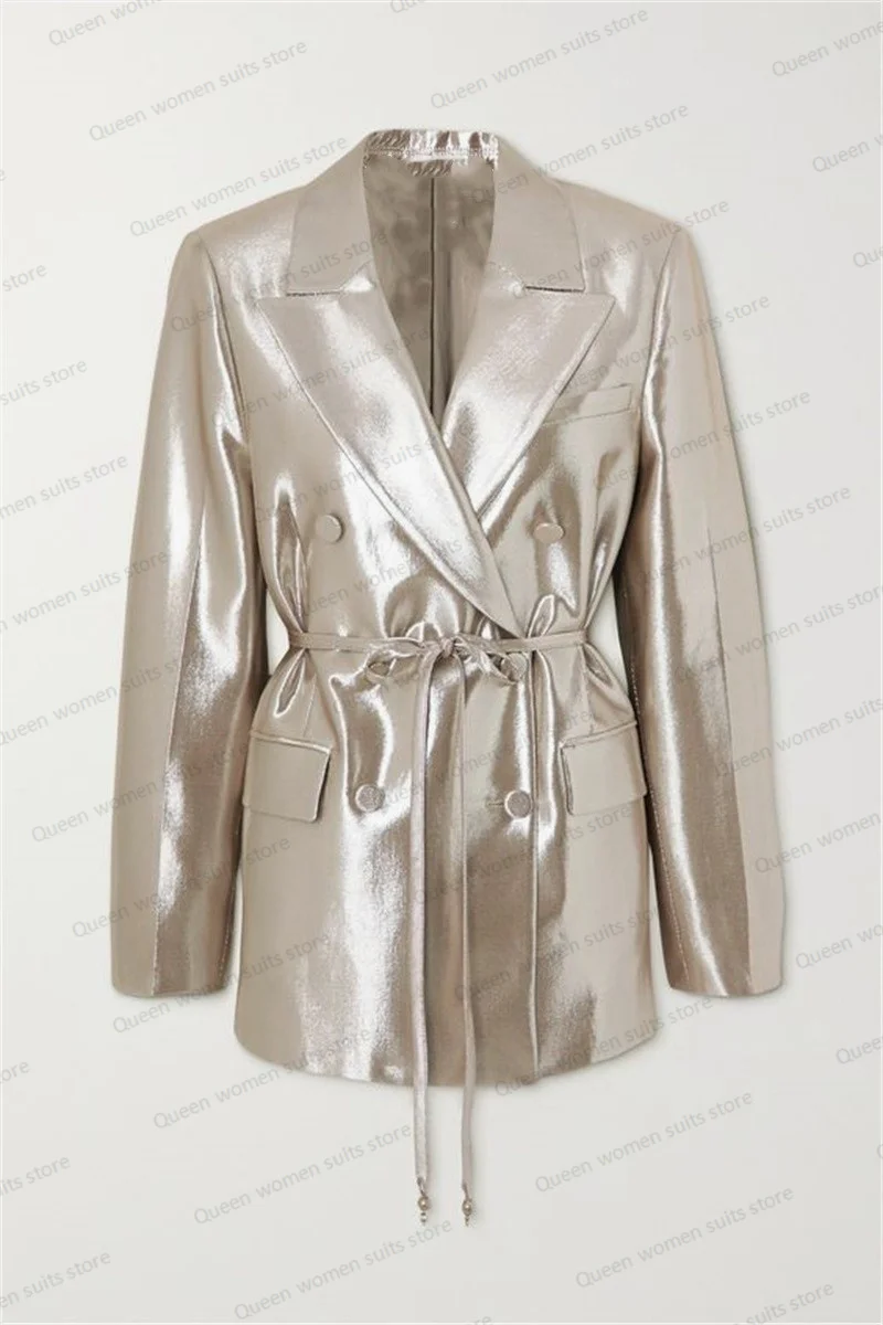 Top Trends: Shiny Satin Wedding Women Suit Set Blazer+ Wide Leg Pants Formal Office Lady Jacket With Belt Prom Dress Custom Made Autumn Coat Shoppable Styles - Image 3