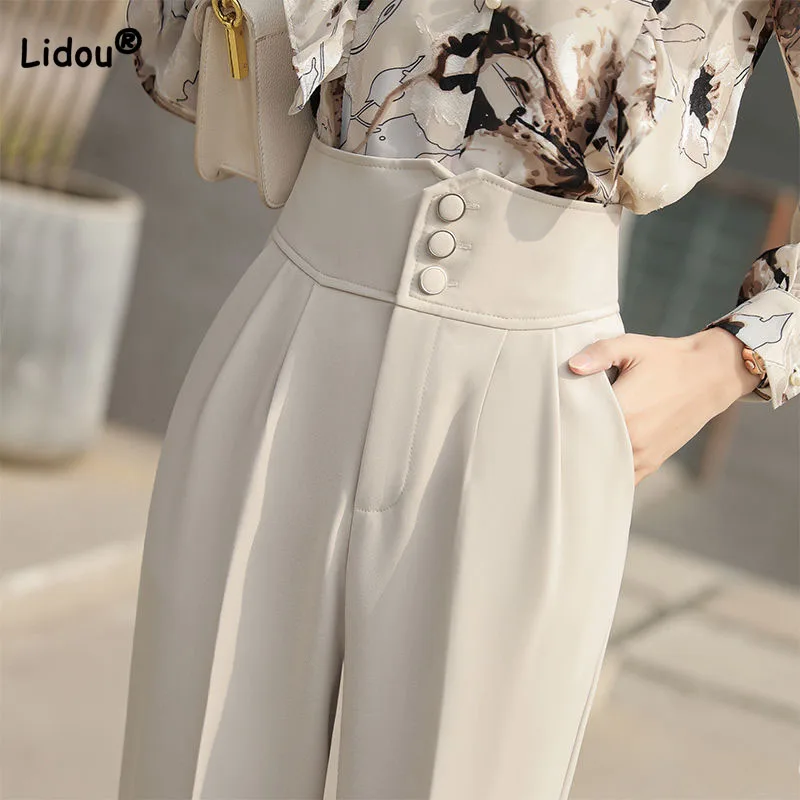 Top Trends: Spring Autumn Office Lady Chic Button Spliced Suit Straight Pants Fashion Elegant Solid Color Cropped Pants Women's Clothing Shoppable Styles