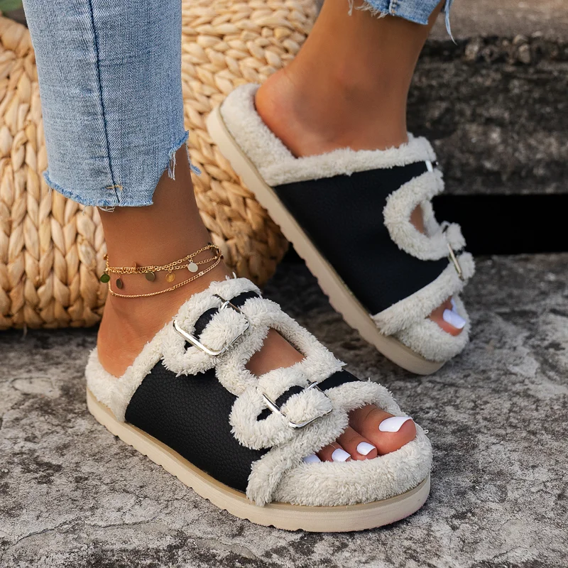 Top Trends: Women's Slippers Fur Plush Platform Wear Non-slip Slippers Casual Fashion Pin Buckle Roman Flip-flops Winter New Style Shoppable Styles