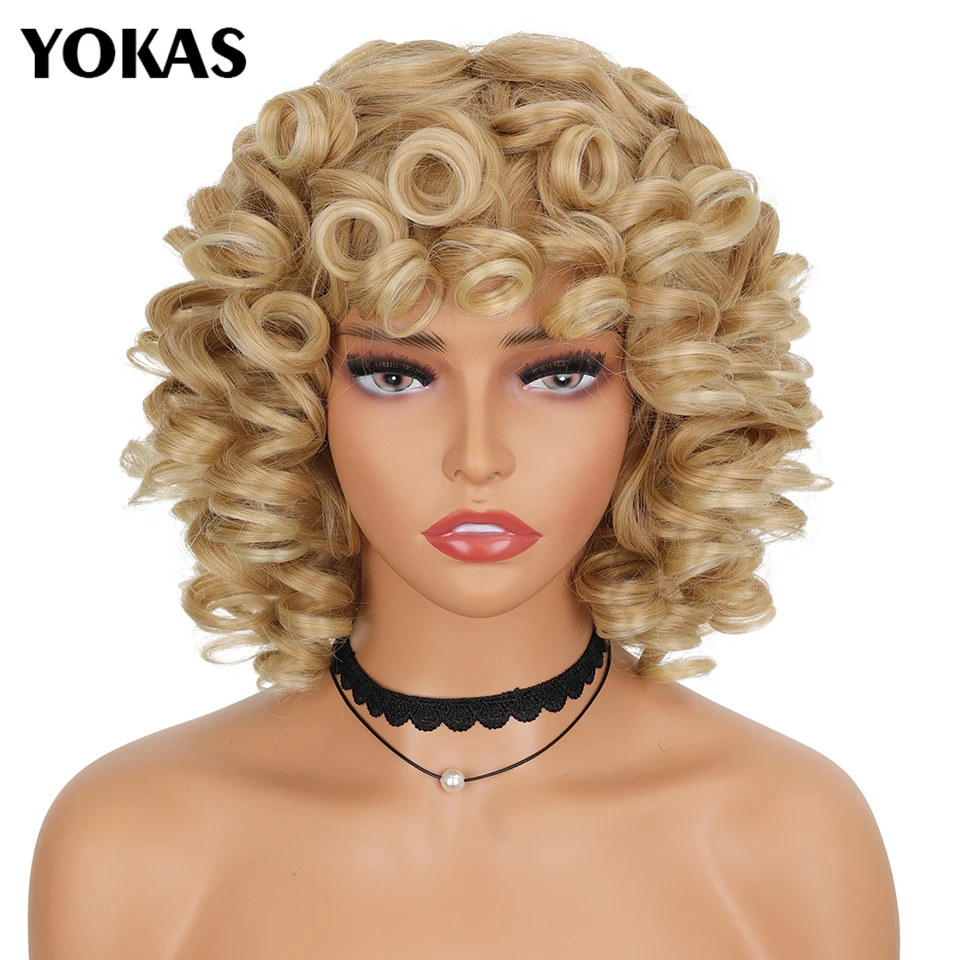 Top Trends: Short Hair Afro Kinky Curly Wigs Synthetic With Bangs For Black Women Fluffy African Ombre Cosplay Natural Brown Wigs Afro YOKAS Shoppable Styles - Image 6