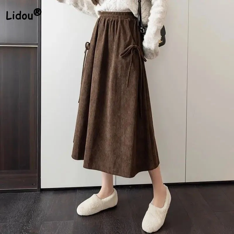 Top Trends: Women&#039;s Clothing Vintage Elastic High Waist Solid Skirt Autumn Winter All-match Casual Lace Up Spliced A-Line Skirts For Female Shoppable Styles