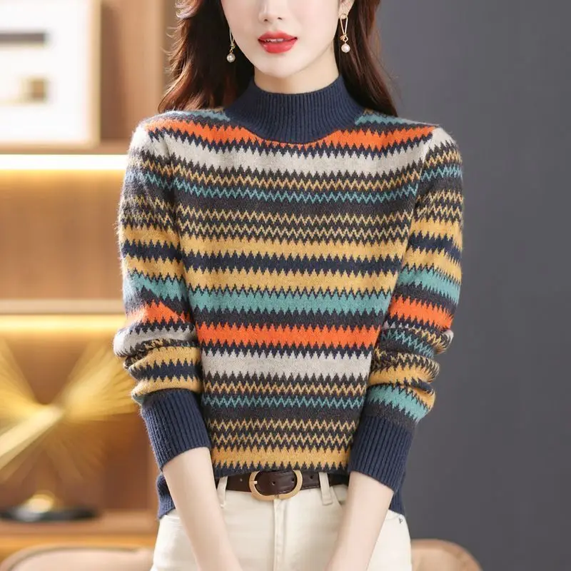 Top Trends: Women&#039;s Autumn Winter Half High Neck Long Sleeve Thick Sweater Fashion Versatile Slim Pullover Elegant Stripe Commuter Lady Tops Shoppable Styles