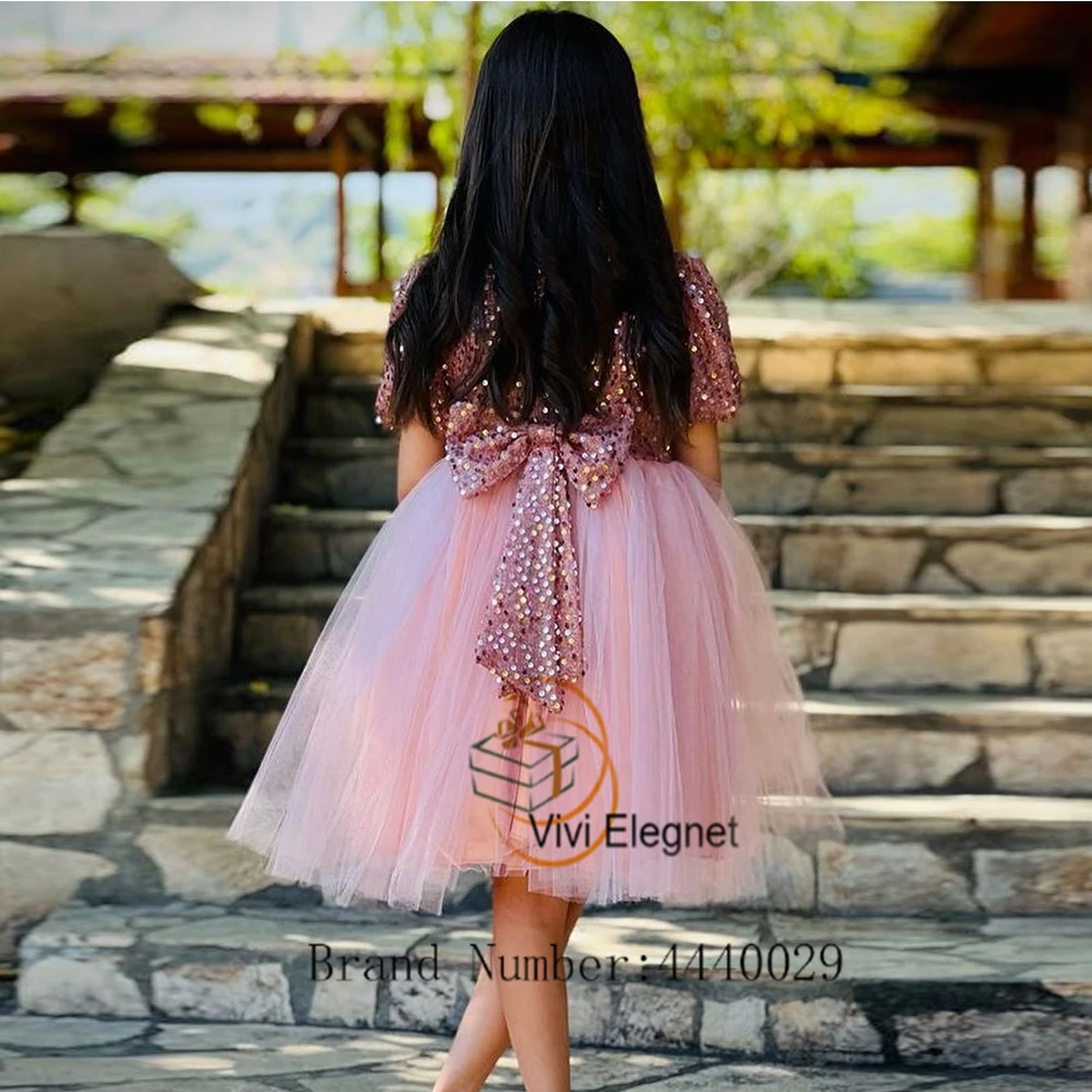 Top Trends: Charming Pink Short Sleeve Flower Girl Dresses With Sequined 2023 New A Line Soft Tulle Wedding Party Gowns Summer Vestido De Shoppable Styles - Image 2