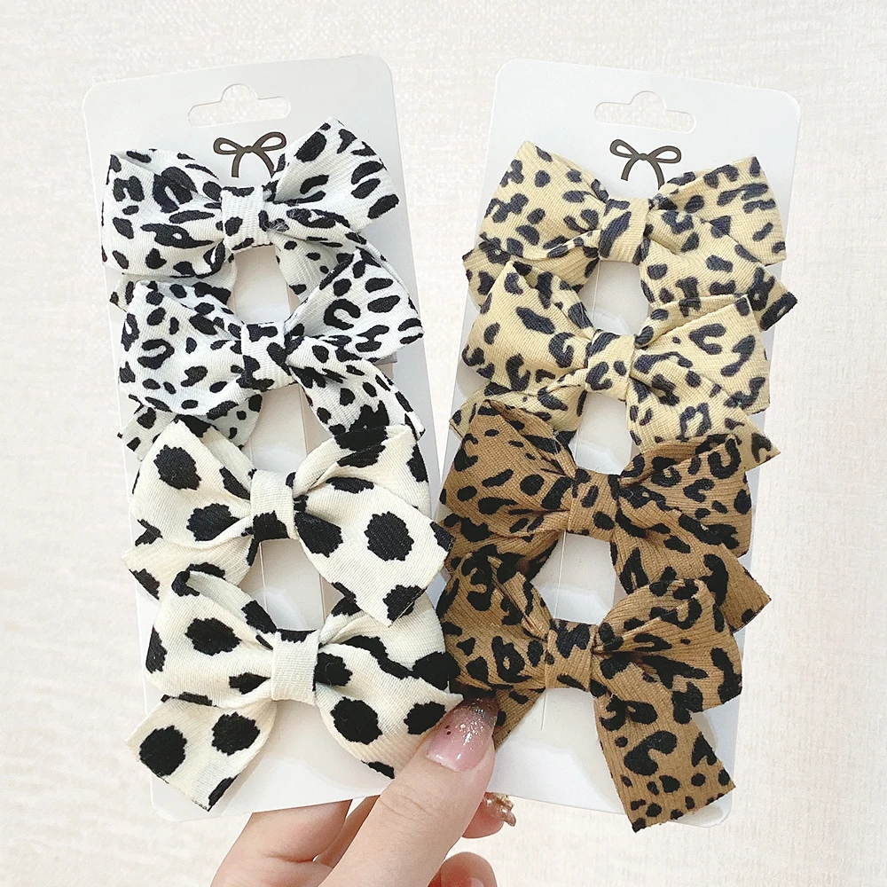 Top Trends: 4Pcs / Set Children Cute Leopard Plaid Hair Bows Clip Baby Girls Printed Bowknot Hairpins Barrettes Headwear Kids Hair Accessories Shoppable Styles