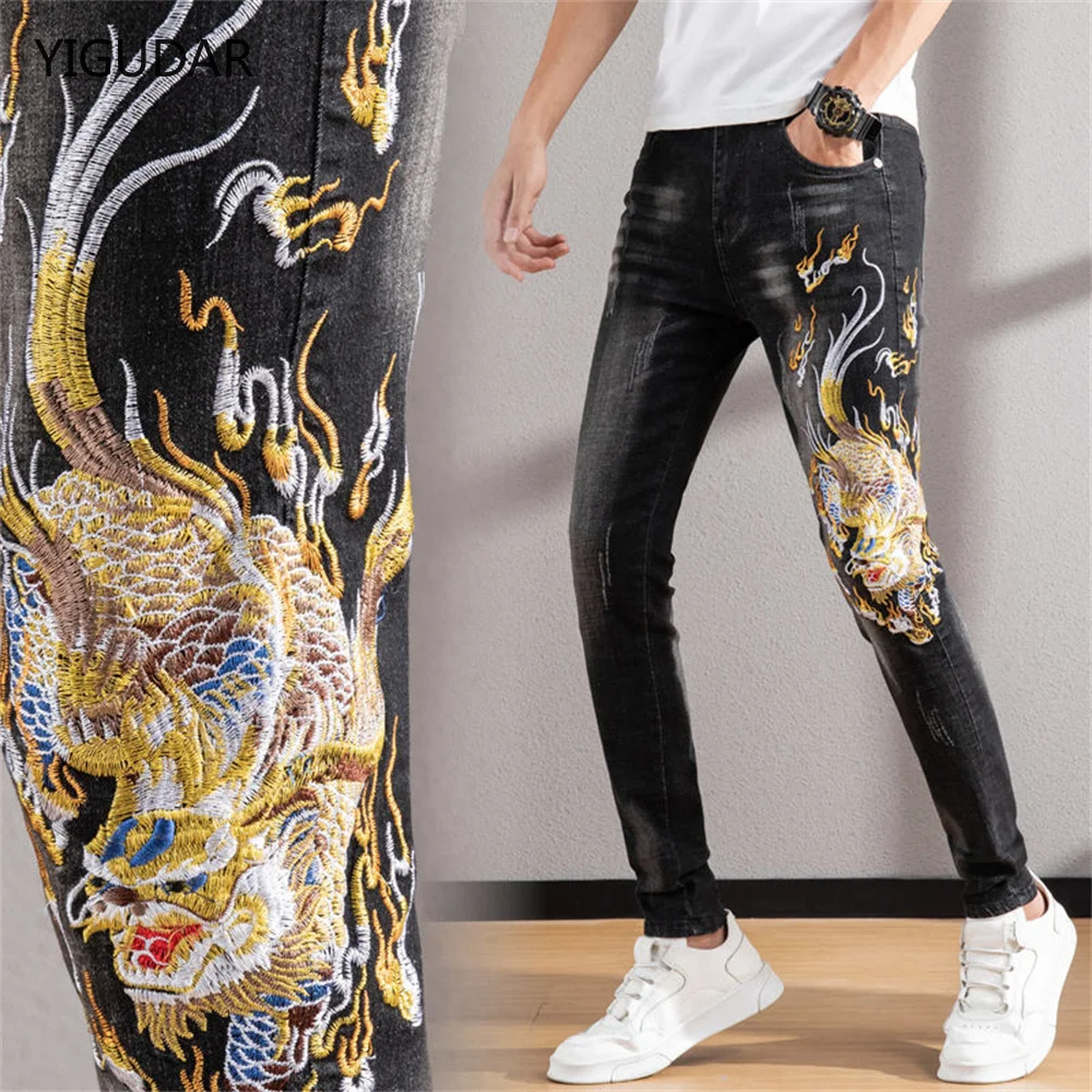 Top Trends: Men's Chinese Dragon Embroidery Jeans Fashion Kylin Embroidered Slim Pencil Pants Stretch Denim Trousers Jeans For Men Pants Shoppable Styles