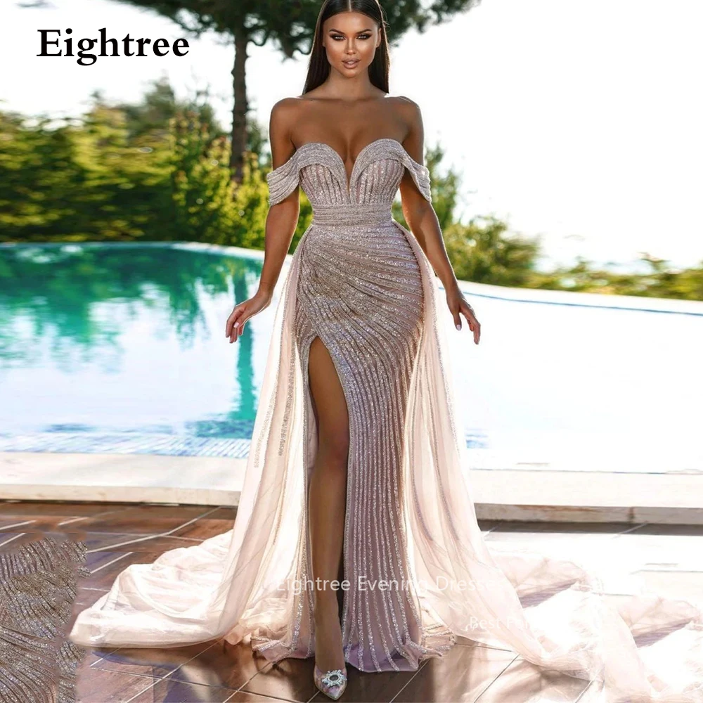 Top Trends: Eightree Luxury Glitter Sequined Lace Mermaid Evening Party Dresses Split Off Shoulder Dubai Arabic Women Prom Gowns Vestidos Shoppable Styles