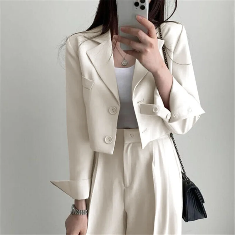 Top Trends: DAYIFUN Elegant Two Piece Suits Blazer Female Short Tops Jacket Wide Leg High Waist Pants Office Ladies Sets Casual Coats Shoppable Styles - Image 2