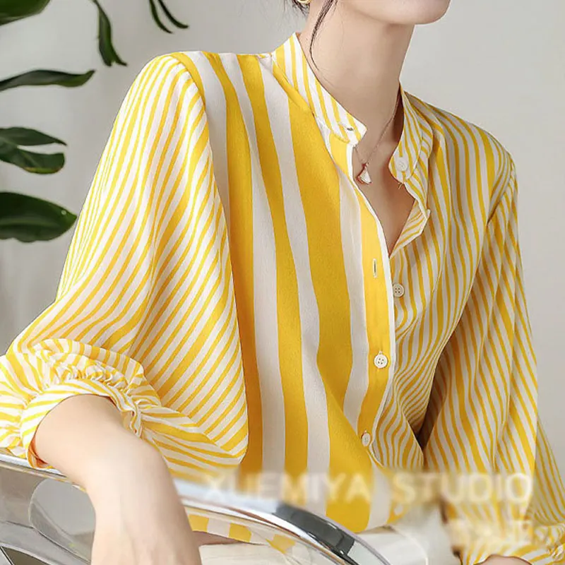 Top Trends: Round Neck Korean Striped Printing Loose Women&#039;s Shirt 2023 Summer New Fashion Female Clothing 3 / 4 Sleeve Single-breasted Blouse Shoppable Styles